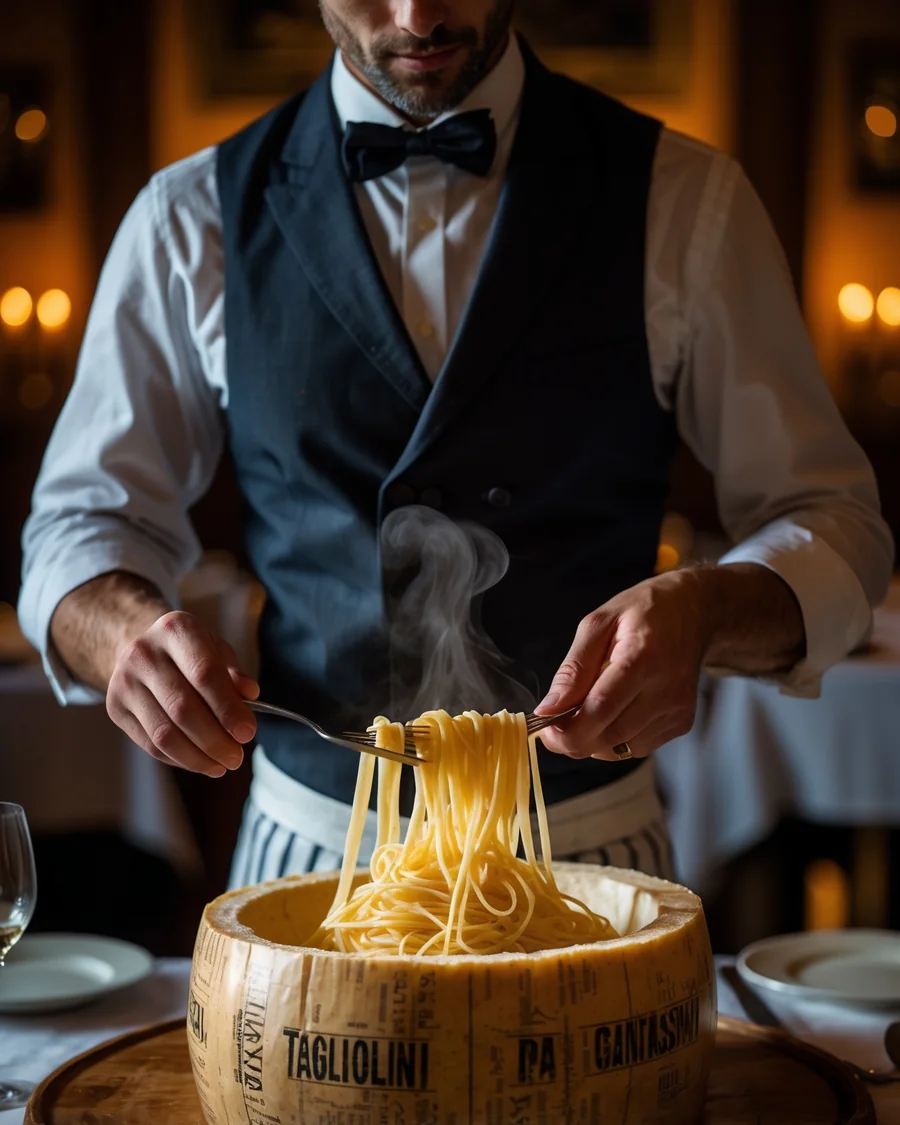 Servicio de mesa: tagliolini terminado en rueda de parmesano